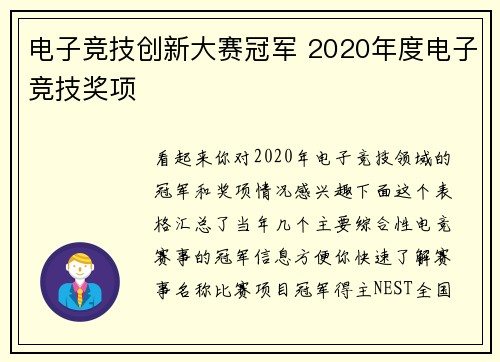 电子竞技创新大赛冠军 2020年度电子竞技奖项
